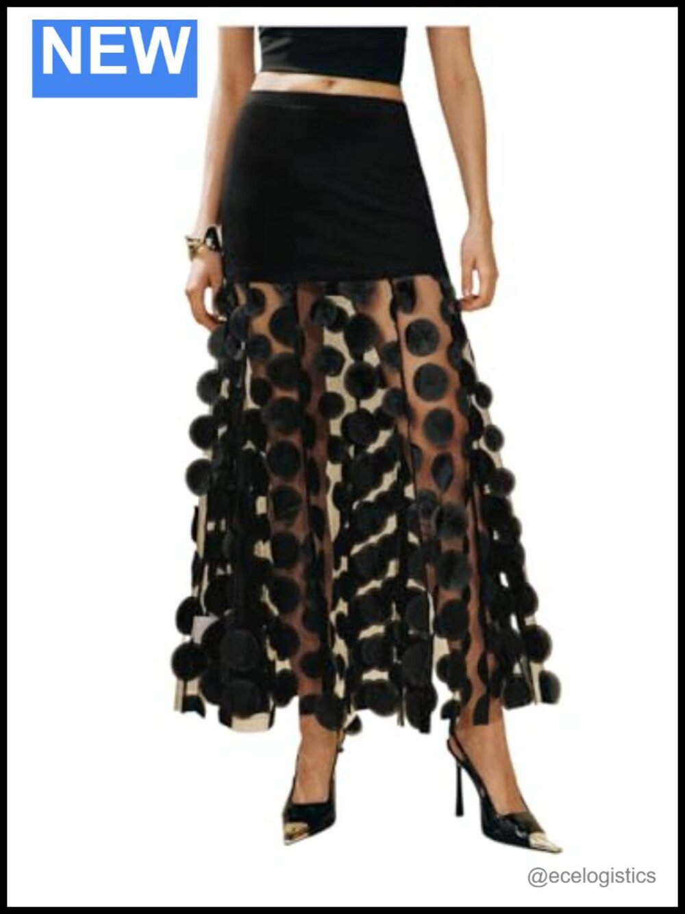 Sheer Mesh Maxi Skirt High Waist 3D Polka Dots Flowy A Line Date Night